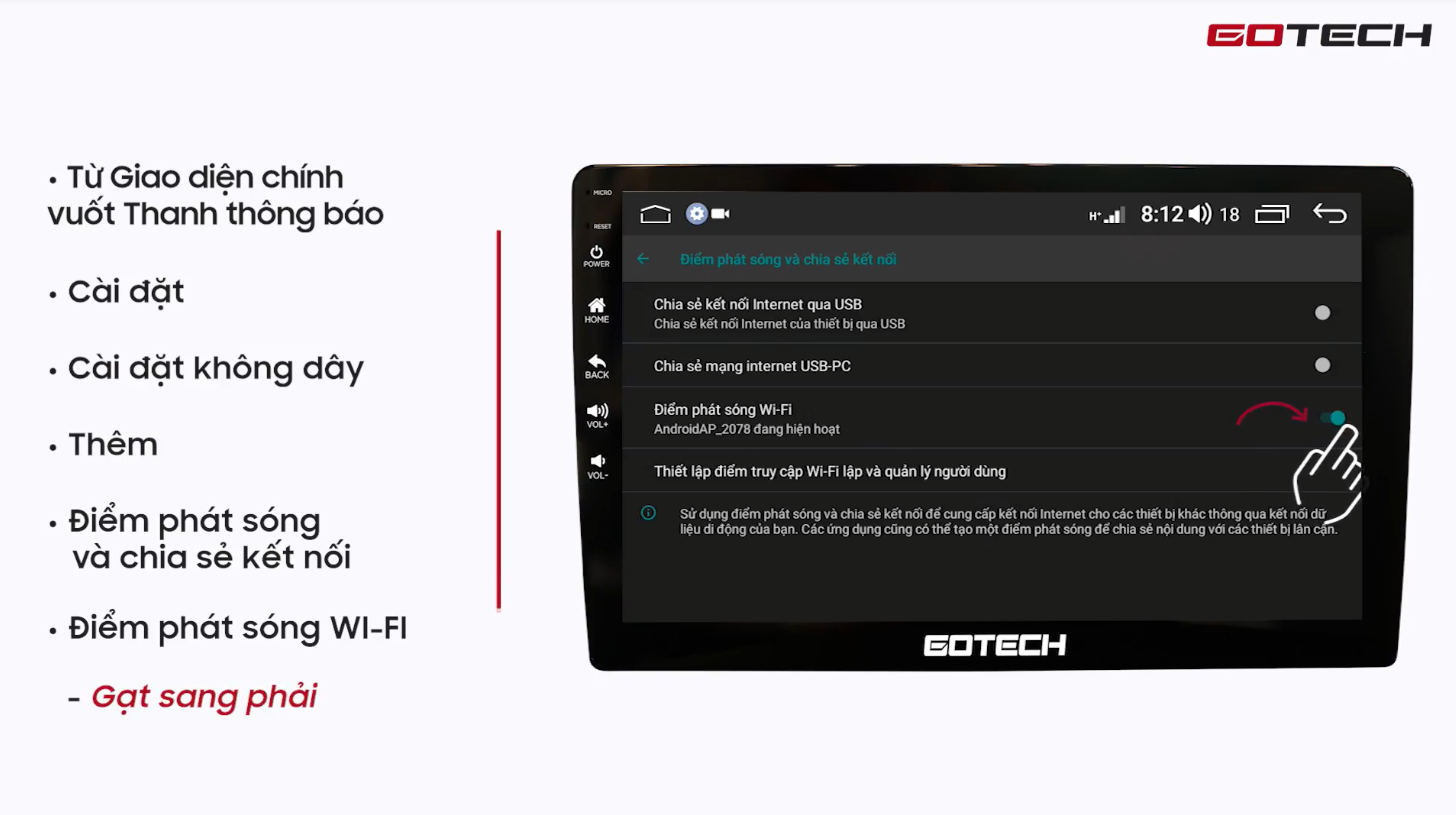 Hướng dẫn kết nối 4G LTE và phát Wifi trên màn hình Gotech