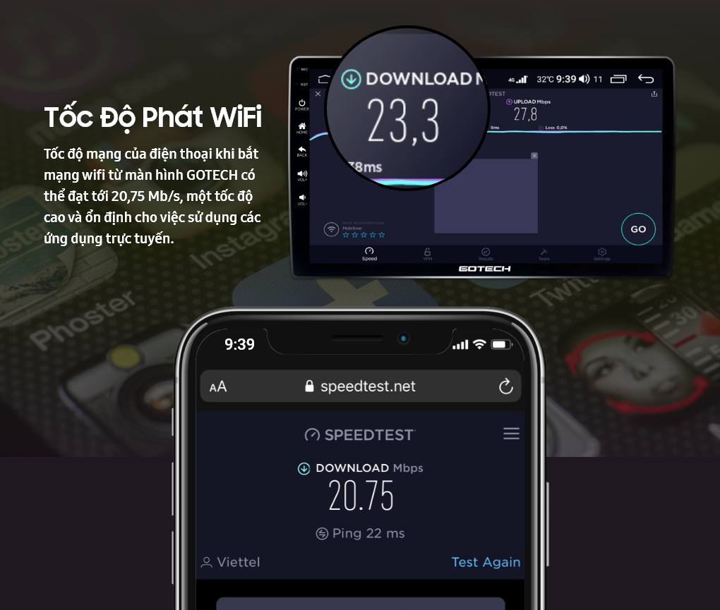 Kiểm tra tốc độ mạng của điện thoại khi kết nối wifi trên màn hình ô tô thông minh GOTECH