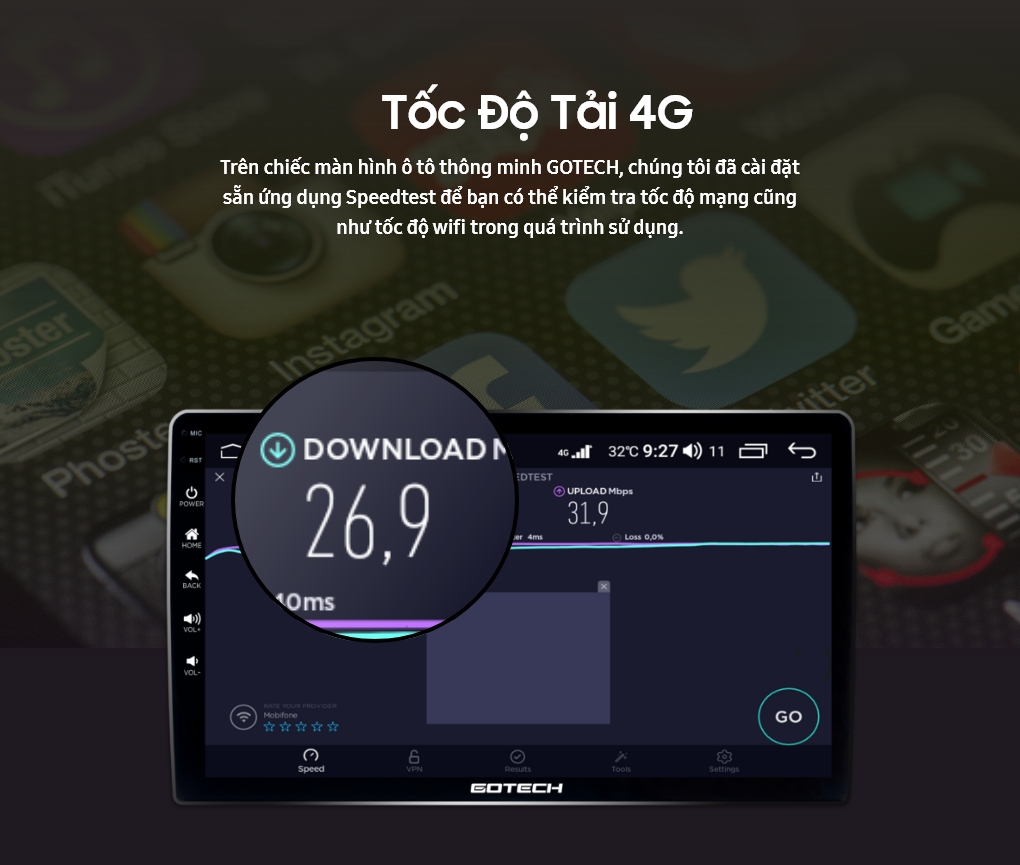 Kiểm tra tốc độ mạng khi sử dụng internet 4G trên màn hình ô tô thông minh Gotech nhờ ứng dụng Speedtest