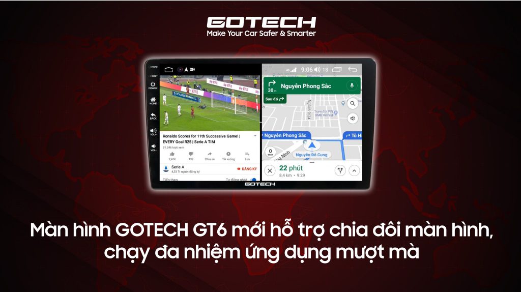 Màn hình GOTECH GT6 New được bổ sung thêm khả năng chia đôi màn hình - Chạy đa nhiệm các ứng dụng
