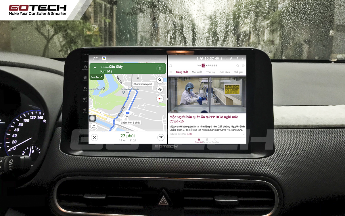 Chạy đa nhiệm ứng dụng mượt mà trên màn hình ô tô GOTECH cho xe Hyundai Kona 2018-2022
