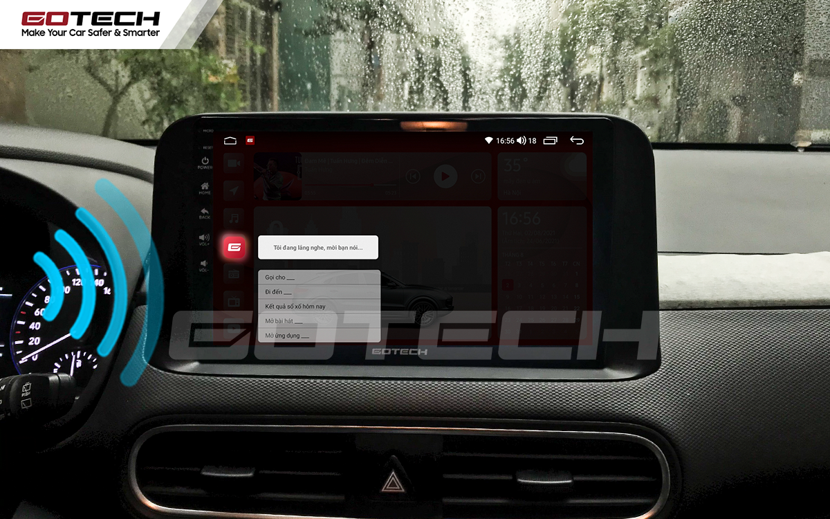 Điều khiển giọng nói qua vô lăng trên màn hình ô tô GOTECH cho xe Hyundai Kona 2018-2022