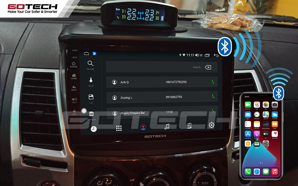Kết nối bluetooth trên màn hình ô tô Gotech cho xe Mitsubishi Pajero Sport.
