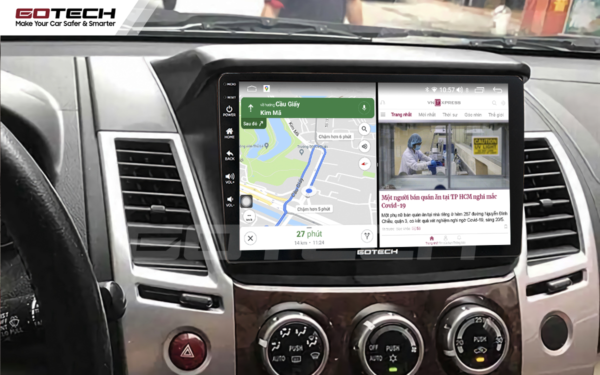 Chạy đa nhiệm ứng dụng trên màn hình DVD Android Gotech cho xe Mitsubishi Triton 2010-2014.