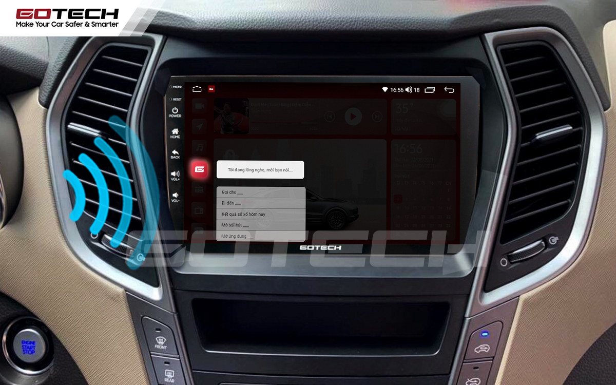 Điều khiển giọng nói qua vô lăng trên màn hình ô tô GOTECH cho xe Hyundai Santafe 2013-2014