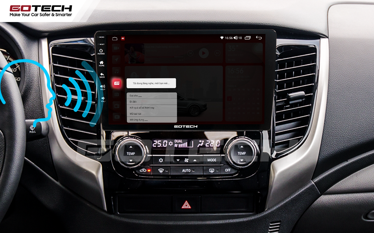 Điều khiển giọng nói qua vô lăng thông minh trên màn hình ô tô Gotech cho xe Mitsubishi Triton 2015-2018.
