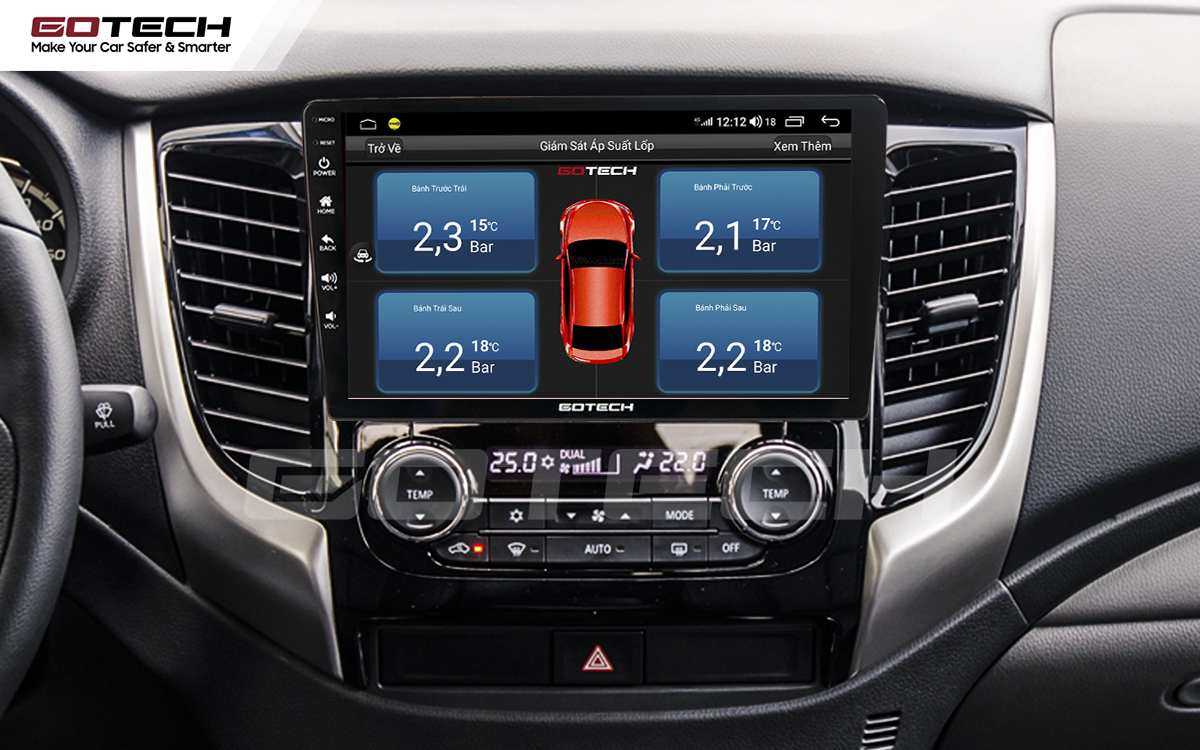 Kết nối cảm biến áp suất lốp trên màn hình ô tô Gotech cho xe Mitsubishi Triton 2015-2018.