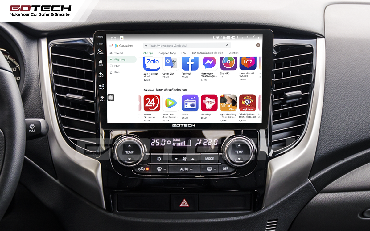 Giải trí đa phương tiện với kho ứng dụng CH PLAY trên màn hình Android Gotech cho xe Mitsubishi Triton 2015-2018.