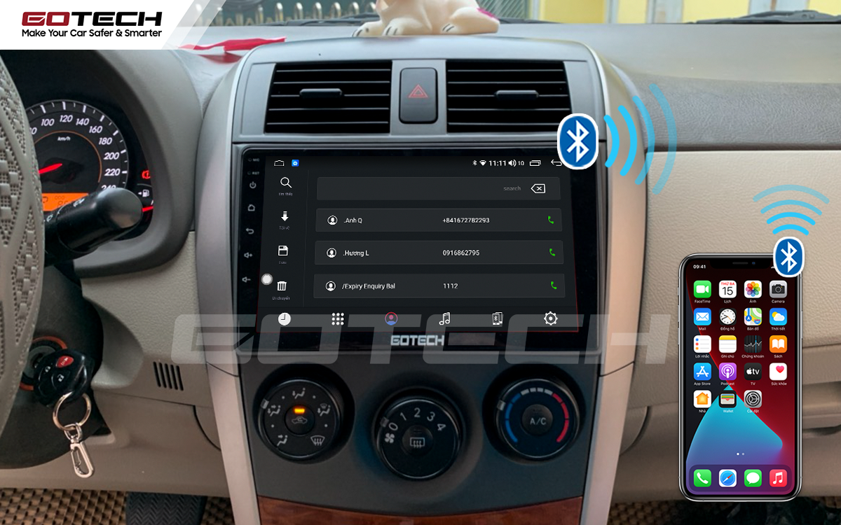 Kết nối điện thoại nghe gọi rảnh tay trên màn hình GOTECH cho xe Toyota Altis 2008 - 2013