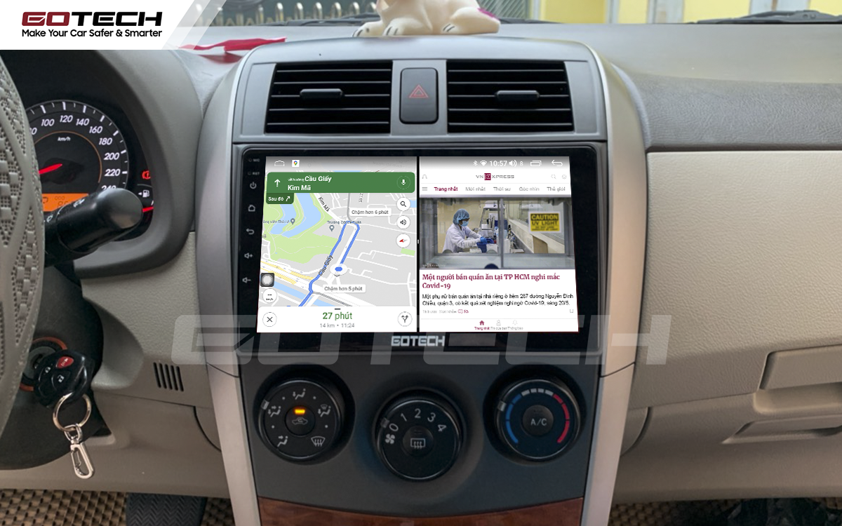 Màn hình GOTECH cho xe Toyota Altis chia đôi màn hình chạy đa nhiệm ứng dụng mượt mà
