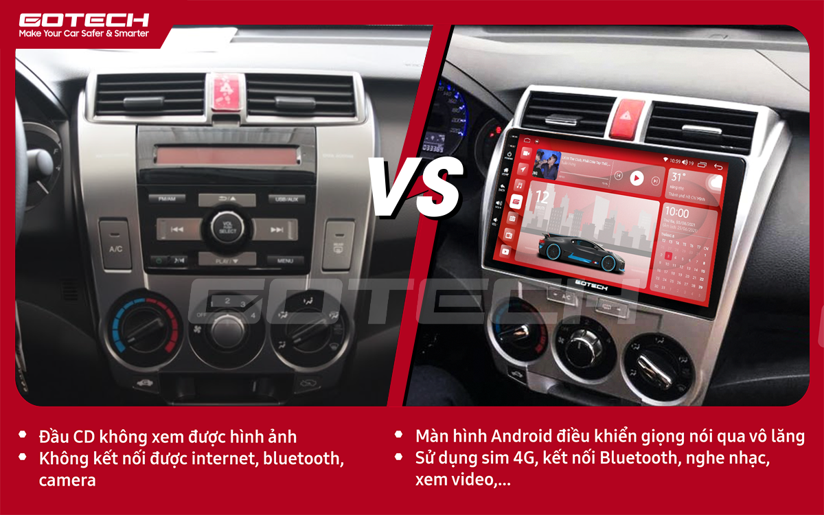 So sánh trước và sau khi lắp đặt màn hình ô tô thông minh GOTECH cho xe Honda City 2012 - 2013