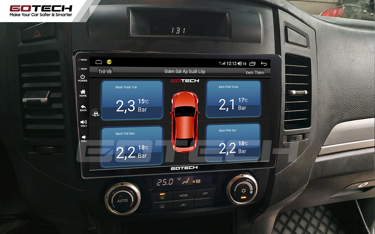 Xem thông tin cảm biến áp suất lốp ngay trên màn hình ô tô Gotech cho xe Mitsubishi Pajero 2007-2012.