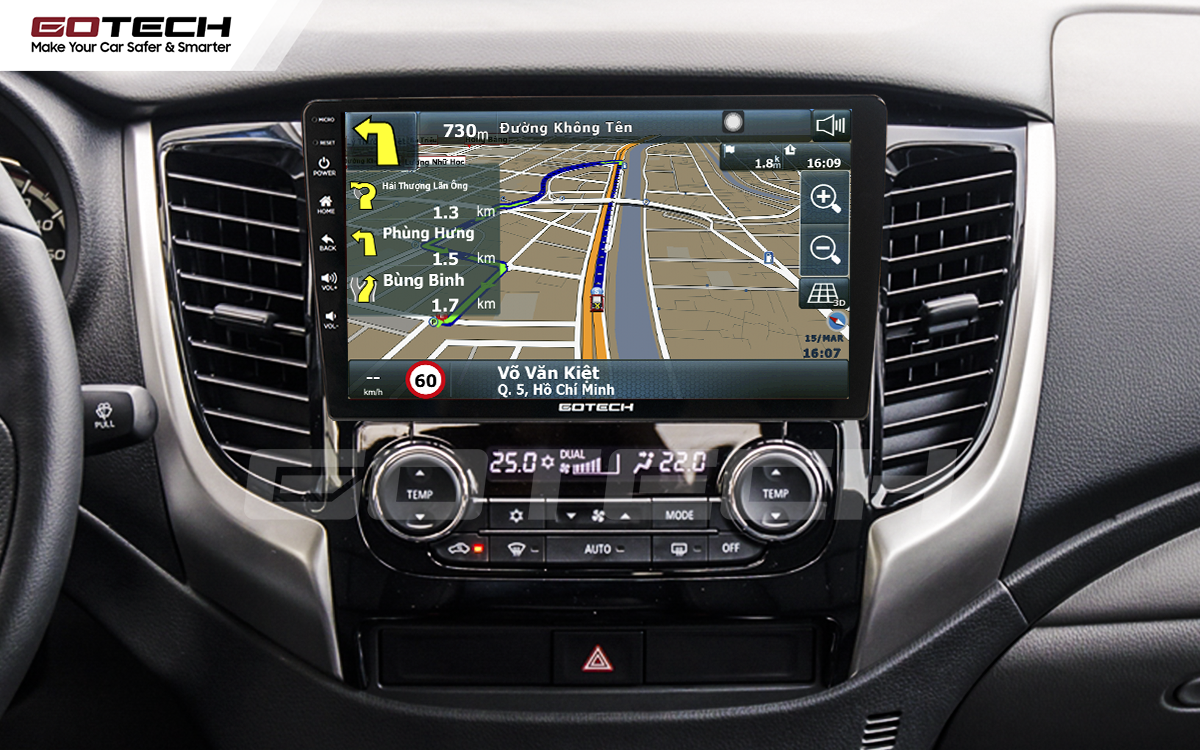 Tìm đường thông minh với bản đồ dẫn đường trên màn hình Android Gotech cho xe Mitsubishi Triton 2015-2018.
