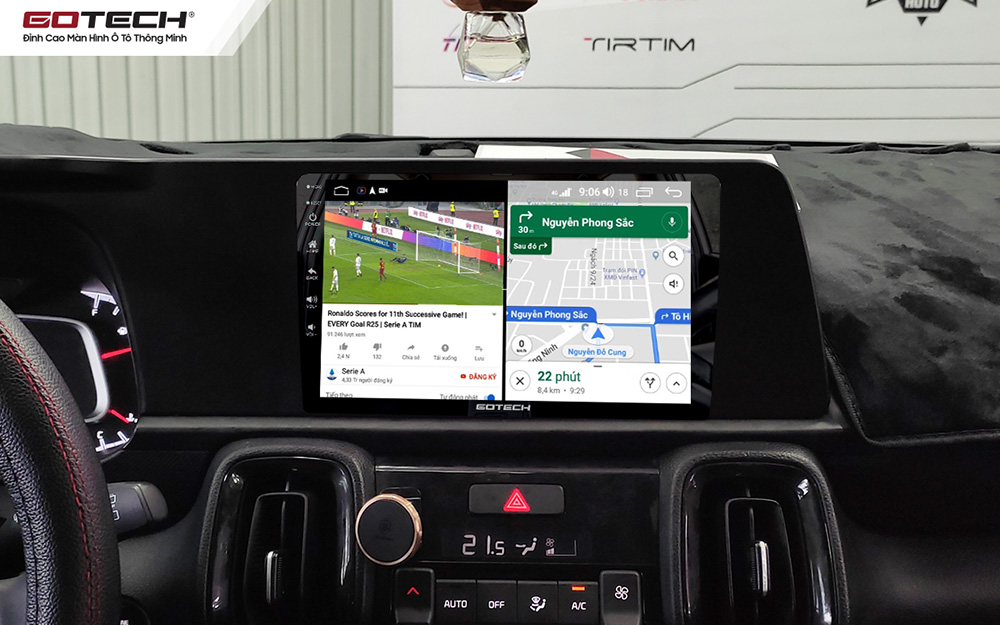 Màn hình ô tô Gotech cho xe Kia Sonet chia đôi màn hình chạy đa nhiệm ứng dụng mượt mà