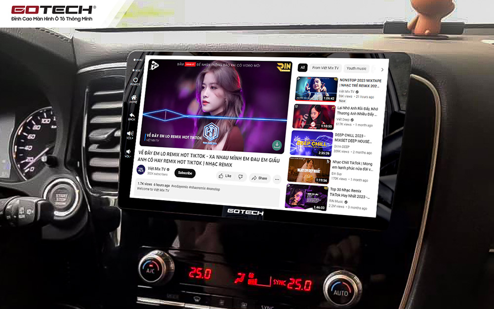 Giao diện Youtube trên màn hình GOTECH cho xe Mitsubishi Outlander 2020