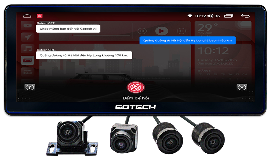 Gotech GT12.3i 360 tích hợp trợ lý giọng nói KiKi Al và GOTECH GPT, mang đến trải nghiệm điều khiển thoải mái và thông minh trên màn hình 12.3 inch độ phân giải cao.