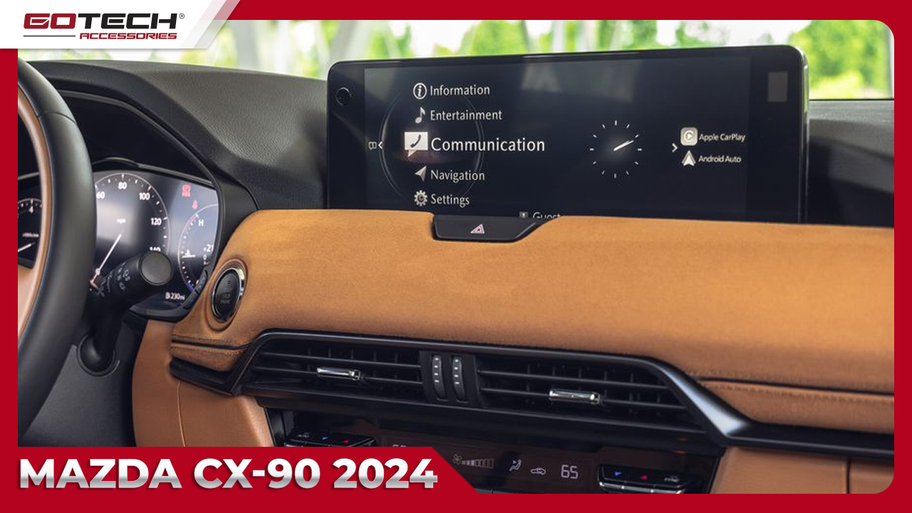 Màn hình cảm ứng trung tâm ấn tượng kích thước 12,3 inch trên Mazda CX-90 2024 không chỉ cung cấp giao diện đẹp mắt mà còn mang lại trải nghiệm đa phương tiện thông minh và dễ sử dụng, làm nổi bật tính hiện đại và tiện ích của hệ thống điều khiển.