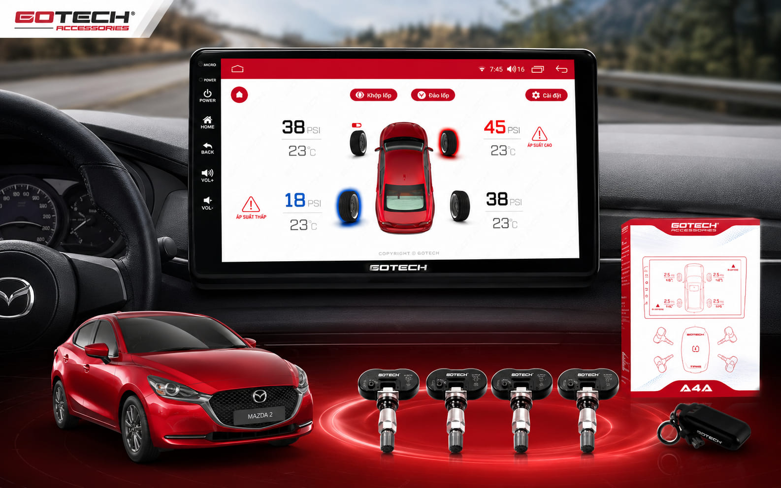Cảm biến áp suất lốp cho xe Mazda 2 hiển thị trên màn hình Android 